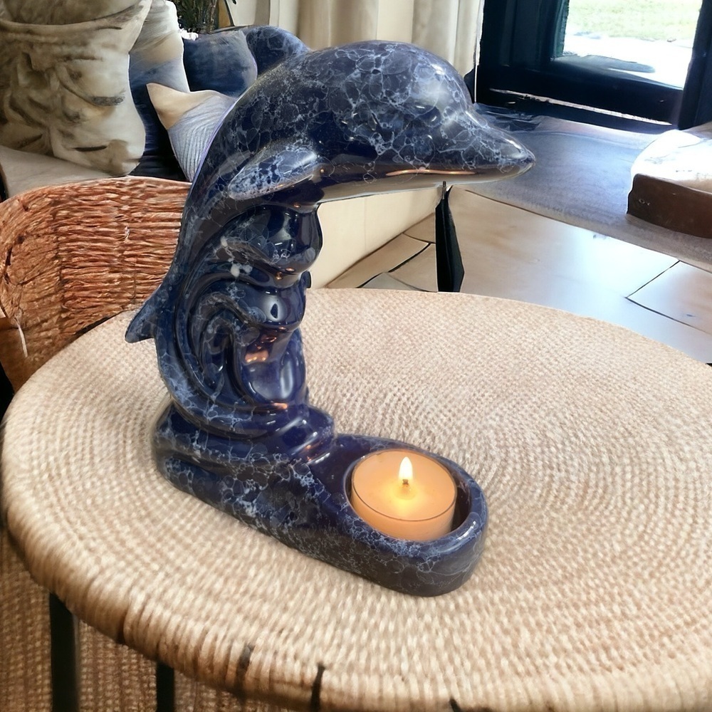 COBALT BLUE CERAMIC DOLPHIN FIGURINE TEA LIGHT CANDLE HOLDER